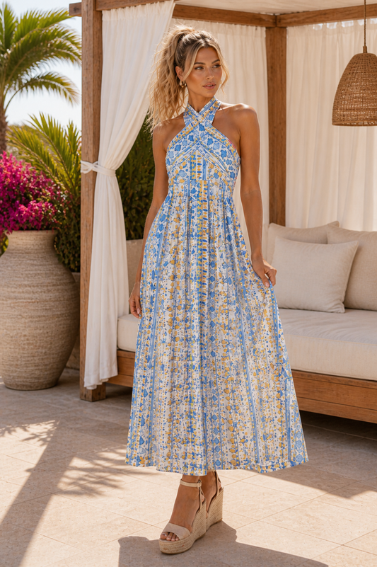 Crossover Maxi Dress | Blue Multi